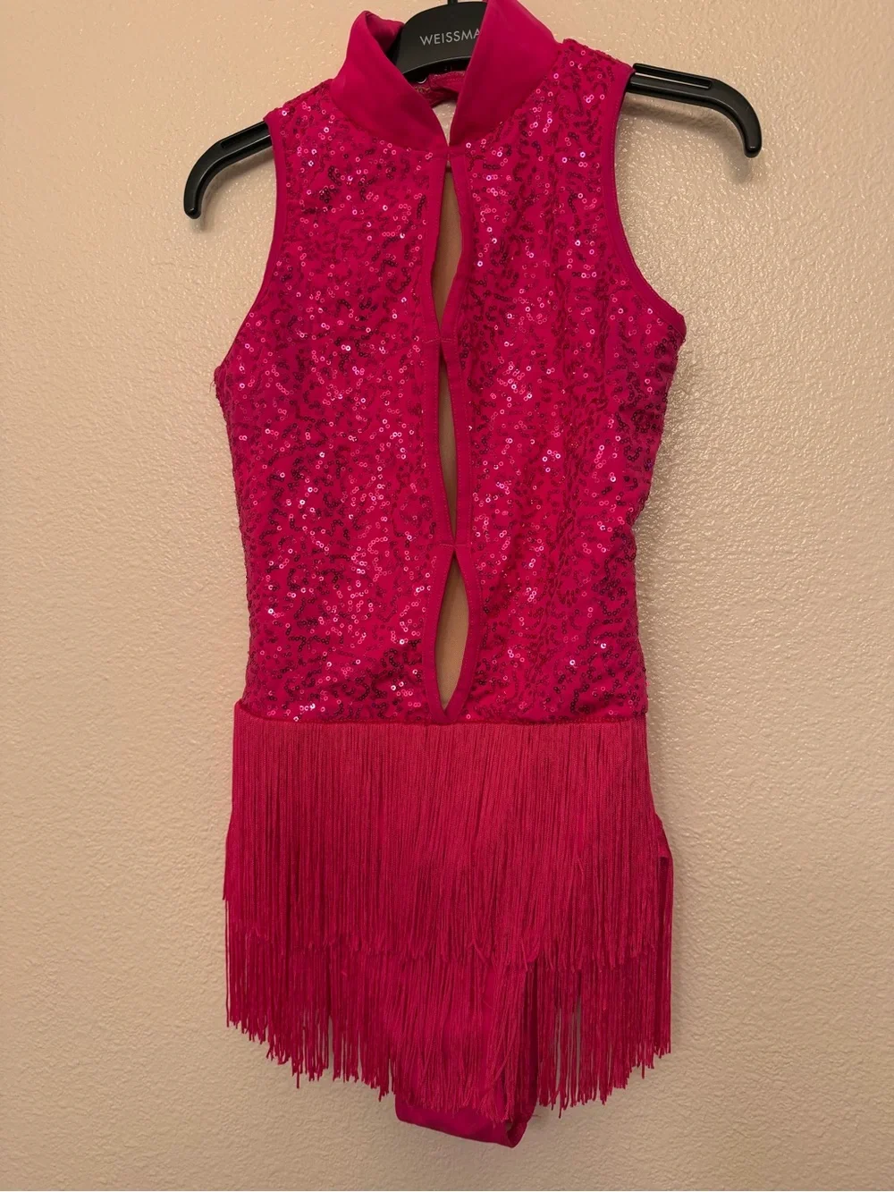 WEISSMAN Balera Dance hot pink sequin Costume KEYHOLE FRONT FRINGE D10969 XLA